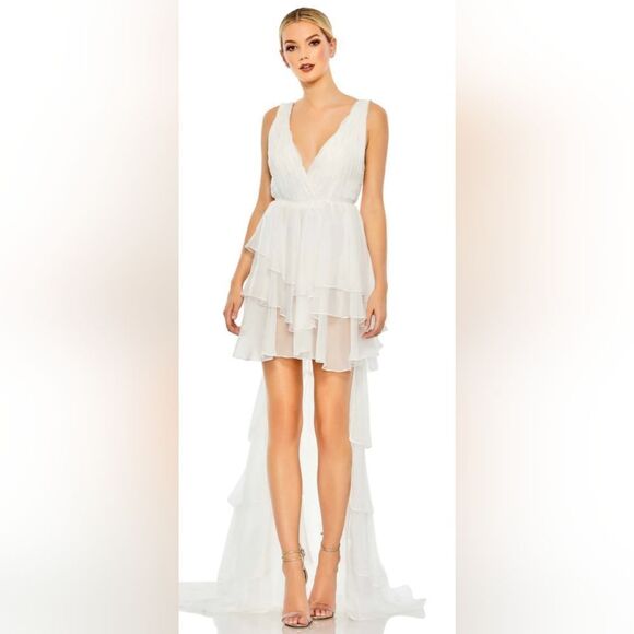 Mac Duggal HIGH LOW TIERED GOWN WITH BUILT IN BODYSUIT NWT size 2 white (55320) - Picture 1 of 6